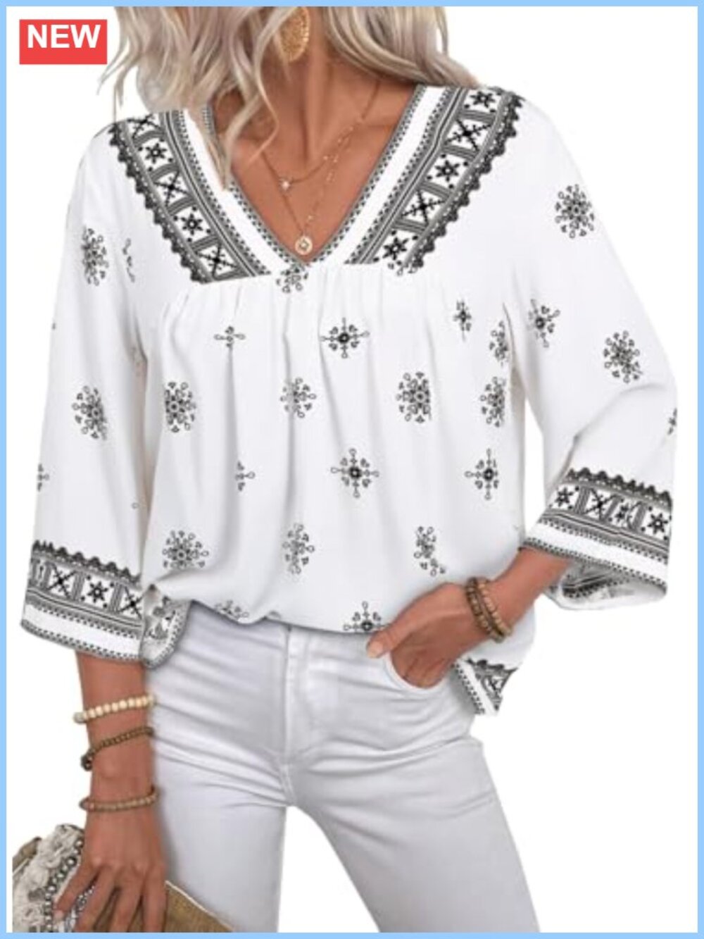 Womens Boho Blouse 100% Viscose V Neck 3/4 Sleeve Floral Vacation Top